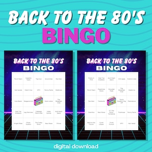 Bingo des années 80 - Retour dans les années 80 - Jusqu'à 30 joueurs - 30 cartes uniques - Téléchargement numérique