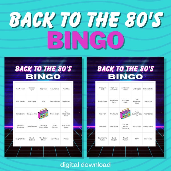 1980's Bingo - Back to the 80's - Up to 30 Players - 30 Unique Cards - Digital Download