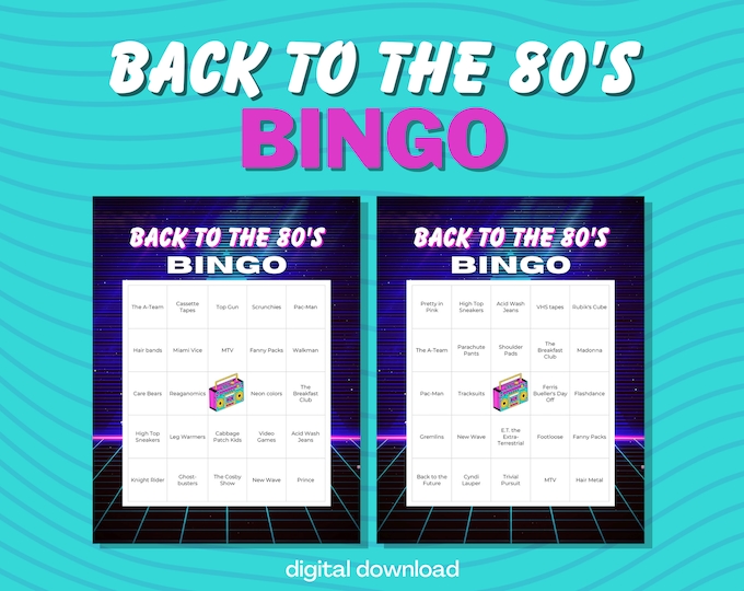 1980's Bingo - Back to the 80's - Up to 30 Players - 30 Unique Cards - Digital Download