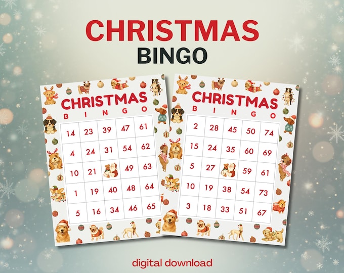 Dog Christmas Bingo with Numbers - 100 Unique Cards - [#11] Dog Theme - Digital Download