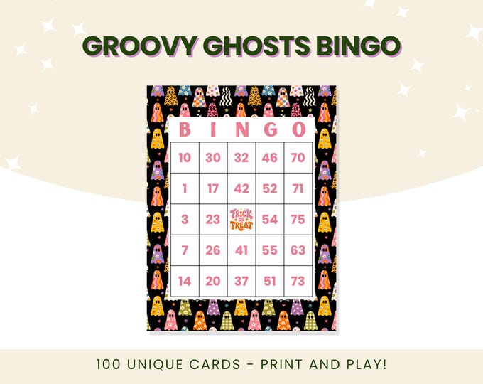 Groovy Ghosts Halloween Bingo | 100 Unique Number Bingo Cards | Print and Play