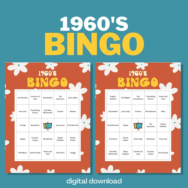 1960's Bingo | 60's Theme Party | 30 Unique Flower Power 60s Bingo Cards | Digital Download