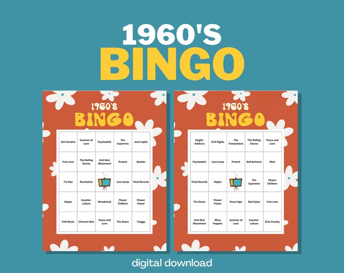 1960's Bingo | 60's Theme Party | 30 Unique Flower Power 60s Bingo Cards | Digital Download