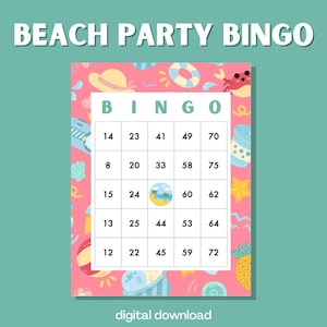 Bingo para festa em casa na praia | 100 Cartões Digitais | Tema praiano | Download instantâneo | Jogo divertido de verão