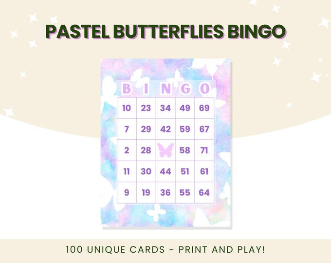 Pastel Butterflies Bingo | 100 Unique Number Bingo Cards | Print and Play