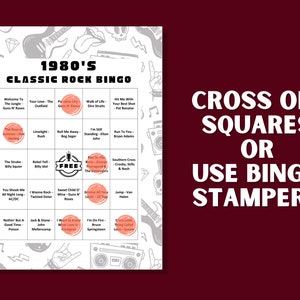 May include: A printable bingo card with a pink and white color scheme. The card features a grid of squares with the names of 1980's classic rock bands and songs. The title of the card is "1980's Classic Rock Bingo".