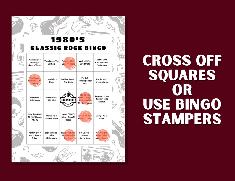May include: A printable bingo card with a pink and white color scheme. The card features a grid of squares with the names of 1980's classic rock bands and songs. The title of the card is "1980's Classic Rock Bingo".