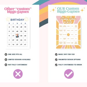 以下が含まれることがあります： 2種類のビンゴゲームスタイルを示す比較表。左側には「Other custom bingo games」と記された標準的な誕生日ビンゴカードがあり、右側には「OUR Custom Bingo Games」と記されたカスタマイズされた「Baby Tobin」ビンゴカードが表示されています。