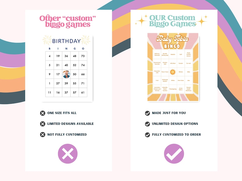 以下が含まれることがあります： 2種類のビンゴゲームスタイルを示す比較表。左側には「Other custom bingo games」と記された標準的な誕生日ビンゴカードがあり、右側には「OUR Custom Bingo Games」と記されたカスタマイズされた「Baby Tobin」ビンゴカードが表示されています。