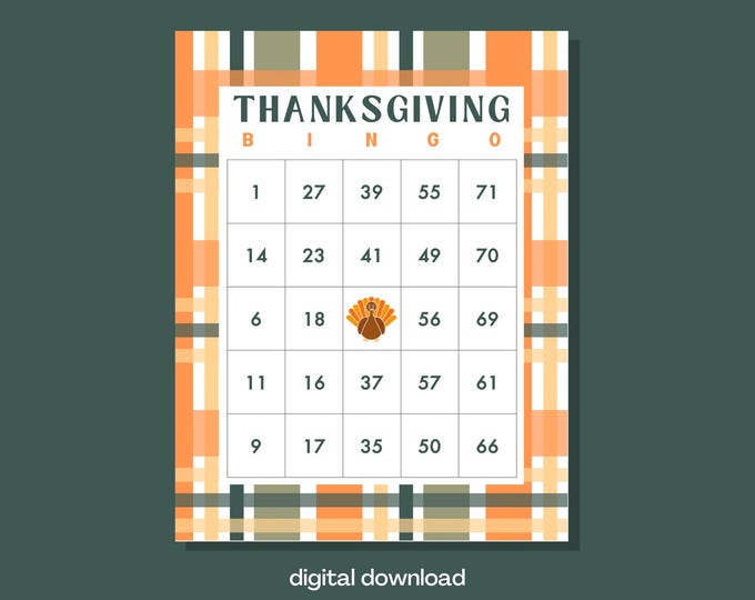 Thanksgiving Bingo Game | 100 Unique Cards with Plaid Design | Instant Digital Download