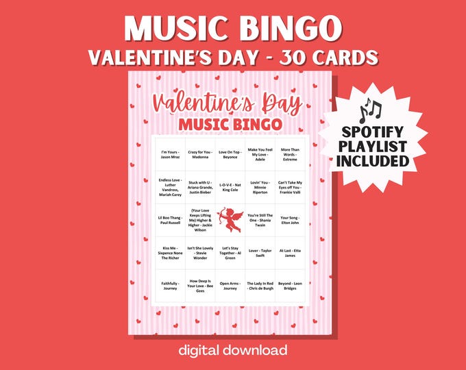 Valentine’s Day Music Bingo Game – 30 Unique Cards with Spotify Playlist | Printable Party Game