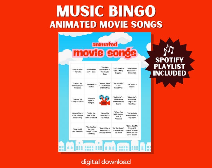 Animated Movie Music Bingo Game – 30 Unique Cards with Sing-Along Spotify Playlist for Parties