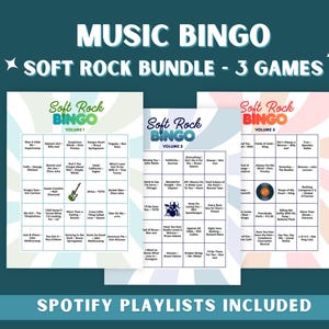 Może przedstawiać: Zestaw trzech kart do gry "Soft Rock Bingo" z tytułami piosenek. Karty są białe z kolorowymi akcentami i tekstem "Music Bingo Soft Rock Bundle - 3 Games". Słowa "Spotify Playlists Included" znajdują się na dole.