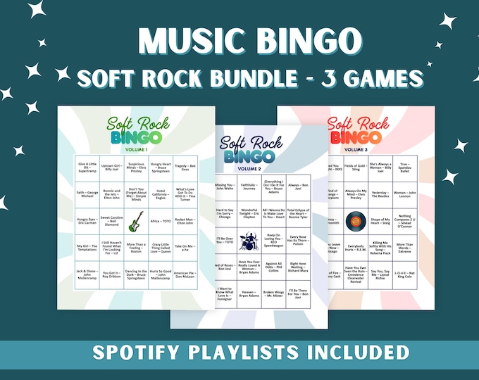 Soft Rock Music Bingo Bundle – Volumes 1-3 Printable Party Game + Playlists
