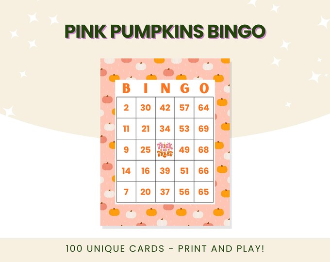 Pink Pumpkins Bingo | 100 Unique Number Bingo Cards | Print and Play