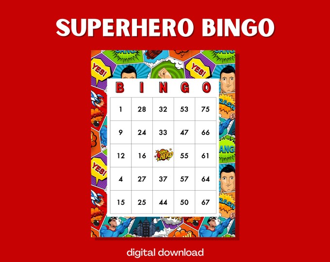 Superhero Bingo Game | 100 Digital Cards | Heroic Theme | Instant Download | Exciting Family Activity | Party Game