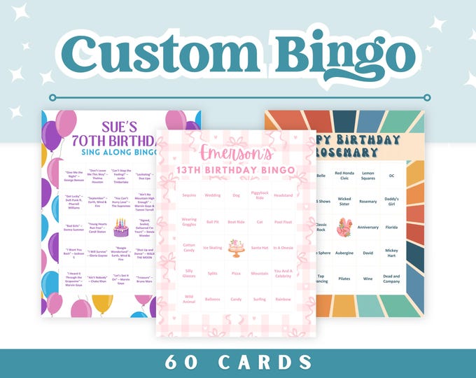 60 Personalized Custom Digital Bingo Cards for Celebrations: Birthdays, Weddings, Graduations, Parties & More