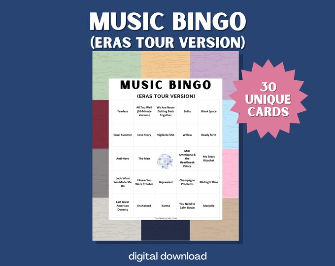 Eras Tour Music Bingo Game | Taylor Swift Eras Design | Music Bingo for Swifties