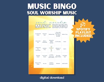 Soul Worship Music Bingo: 30 Hymns & Gospel Songs Cards with Playlist (PDF Format)