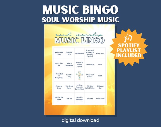 Soul Worship Music Bingo: 30 Hymns & Gospel Songs Cards with Playlist (PDF Format)