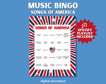 Patriotic Songs of America Bingo: 30 Printable Cards with Playlist (PDF Format, Digital Download)