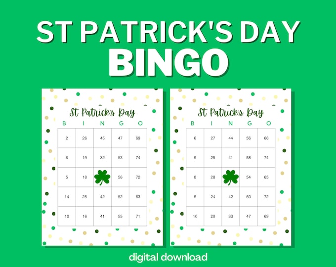 St. Patrick's Day Bingo: 100 Unique Digital Cards - Printable Clover Theme Bingo Game Download