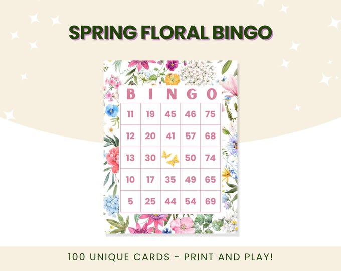 Spring Floral Bingo | 100 Unique Number Bingo Cards | Print and Play