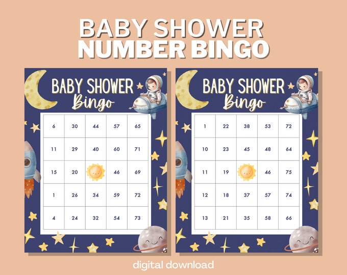Baby Shower Bingo with Numbers - Outer Space - 100 Unique Cards - Digital Download