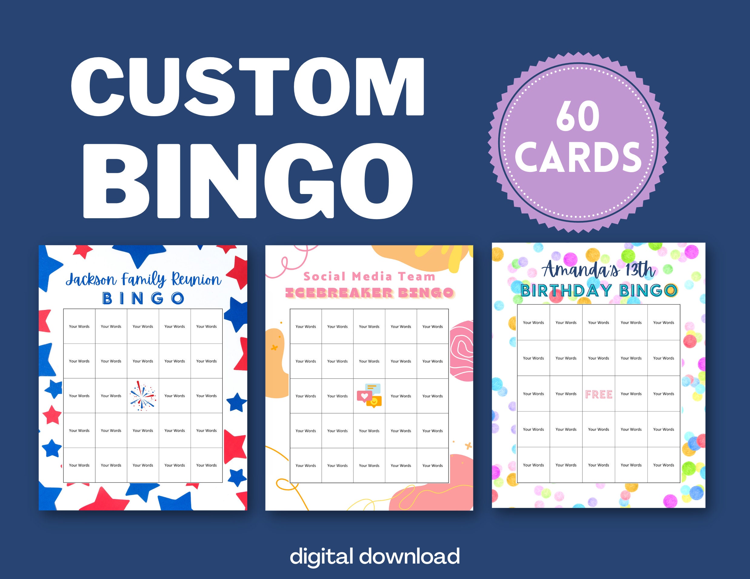 60 Custom Bingo Cards Personalized Custom Bingo Cards for - Etsy
