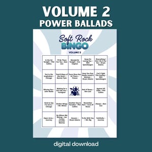 Może przedstawiać: Grafika do pobrania cyfrowego do gry w Bingo Soft Rock, zatytułowana "Volume 2 Power Ballads". Projekt ma turkusowo-białą kolorystykę z siatką tytuł&oacute;w piosenek i nazwisk artyst&oacute;w. Tekst "pobranie cyfrowe" znajduje się na dole.