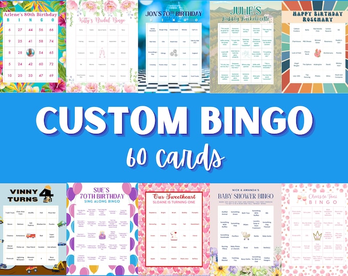 60 Personalized Custom Digital Bingo Cards for Celebrations: Birthdays, Weddings, Graduations, Parties & More