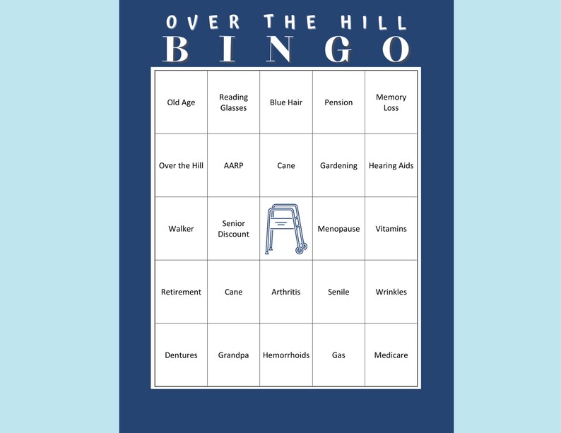 Over the Hill Bingo Cards Blue Set of 20 Cards Printable Bingo Cards ...