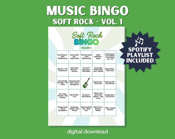 Soft Rock Music Bingo Volume 1 – Sing-Along Classics Printable Party Game with Playlist
