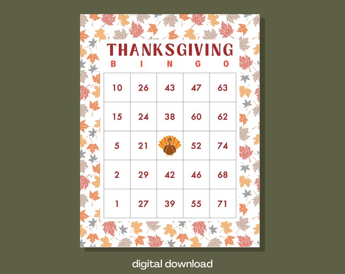 Thanksgiving Bingo Game | 100 Unique Cards with Leaf Design | Instant Digital Download