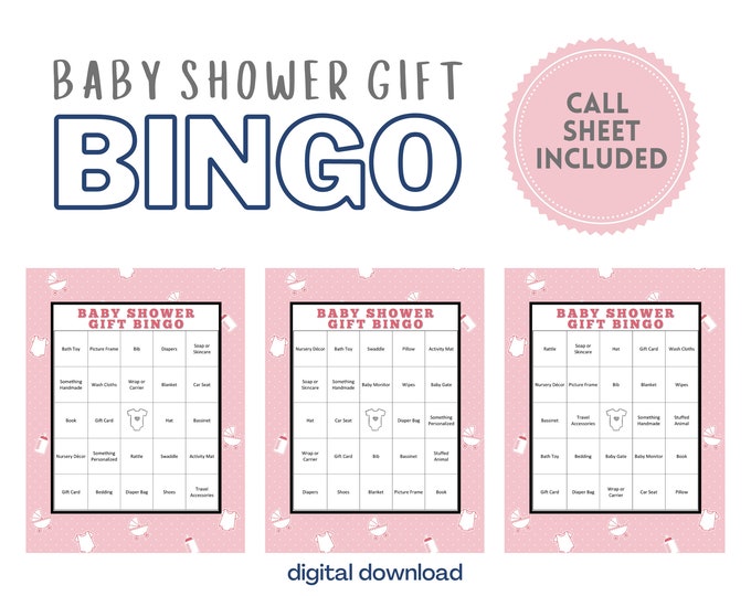 Baby Shower Gift Bingo - Girl Pink Design | 30 Unique Cards | 2-30 Players