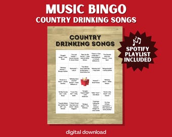 Country Drinking Songs Music Bingo: 30 Unique Cards with Playlist (PDF Format, Digital Download)