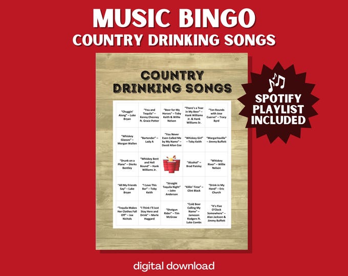 Country Drinking Songs Music Bingo – 30 Unique Cards with Spotify Playlist for Honky-Tonk Parties & Country Fans