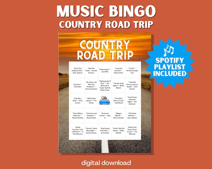 Country Road Trip Music Bingo – 30 Unique Cards with Playlist for Highway Adventures & Country Music Fans