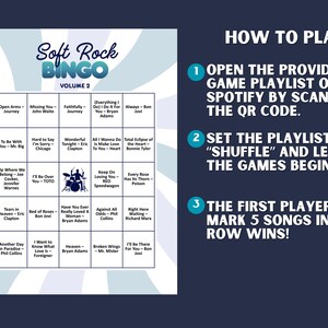 Puede incluir: Una tarjeta de juego de bingo Soft Rock, Volumen 2, con un fondo azul oscuro. La tarjeta presenta una cuadr&iacute;cula de t&iacute;tulos de canciones y nombres de artistas, incluidos Journey, Bon Jovi y Foreigner. Tambi&eacute;n se incluyen instrucciones sobre c&oacute;mo jugar.