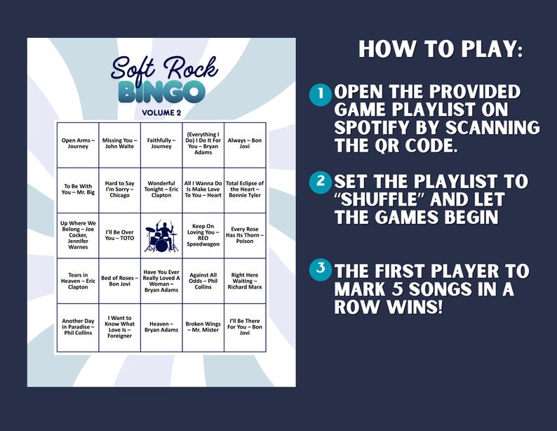 Puede incluir: Una tarjeta de juego de bingo Soft Rock, Volumen 2, con un fondo azul oscuro. La tarjeta presenta una cuadr&iacute;cula de t&iacute;tulos de canciones y nombres de artistas, incluidos Journey, Bon Jovi y Foreigner. Tambi&eacute;n se incluyen instrucciones sobre c&oacute;mo jugar.