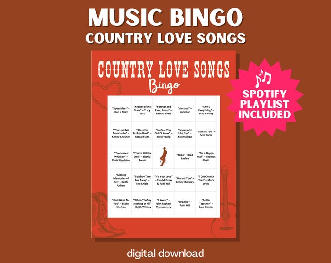 Country Love Songs Music Bingo – 30 Unique Cards with Spotify Playlist for Romantic Parties & Country Music Lovers