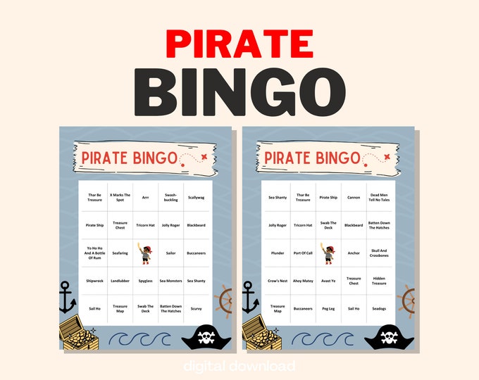 Pirate Bingo Game - Exciting Pirate Party Activity - 30 Unique Cards - Digital Download