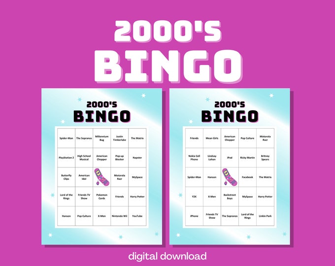 2000's Bingo - Full of 2000's Nostalgia - Up to 30 Players - 30 Unique Cards - Digital Download