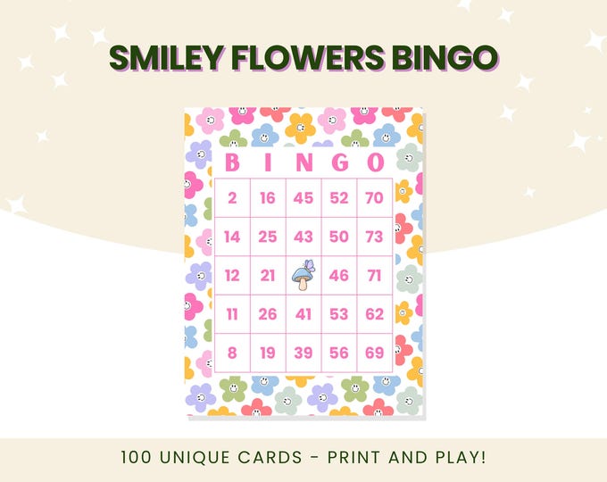 Smiley Flowers Bingo | 100 Unique Number Bingo Cards | Print and Play