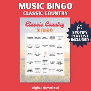 Jeu de bingo avec musique country classique | Bingo chantant | 30 cartes uniques avec liste de lecture Spotify
