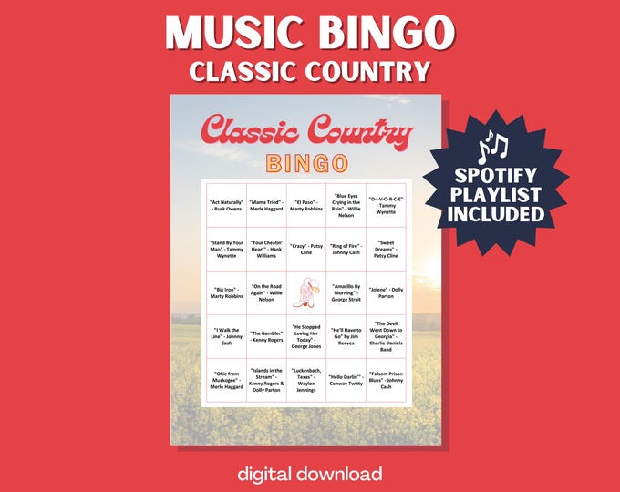 Classic Country Music Bingo Game | Sing Along Bingo | 30 Unique Cards with Spotify Playlist