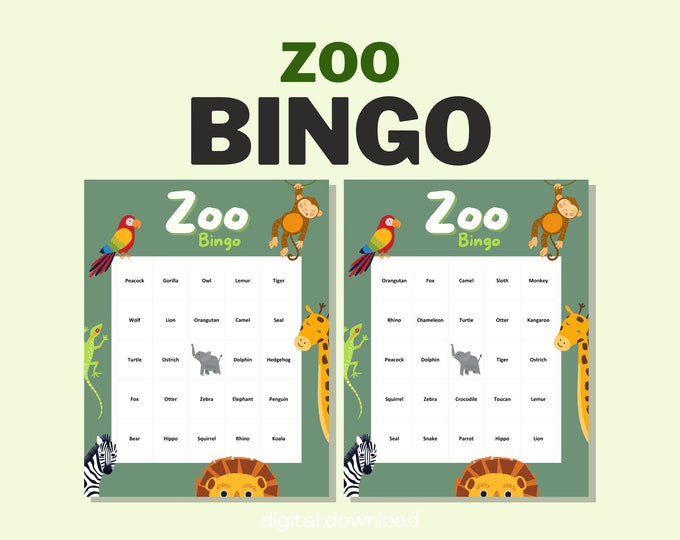 Zoo Bingo Game - Zoo Animal Party Activity - Up to 30 Players - 30 Unique Cards - Digital Download