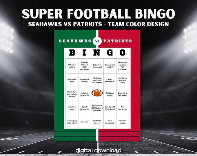 Super Big Bowl Game Bingo - Seahawks v Patriots - Team Colors Design - 30 Unique Cards for 2026