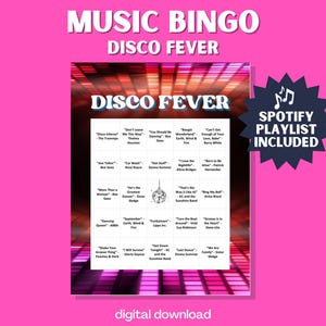 Juego de bingo musical Disco Fever / Bingo para cantar / 30 tarjetas únicas con lista de reproducción de Spotify