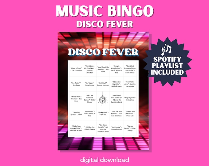 Disco Fever Music Bingo Game | Sing Along Bingo | 30 Unique Cards with Spotify Playlist
